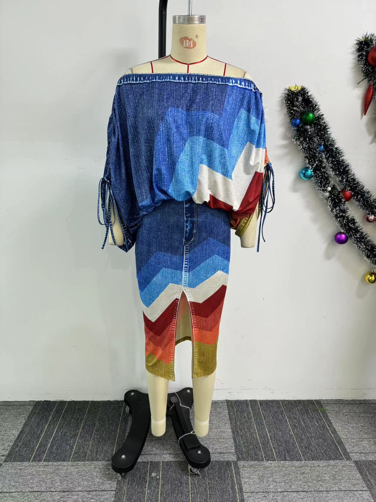 Off Neck Printed Batwing Sleeve Top Split Skirt Two Piece Set 6 Off Neck Printed Batwing Sleeve Top Split Skirt Two Piece Set