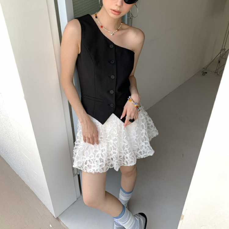 韩版夏季新时尚设计感斜肩修身西装背心百搭显瘦马甲上衣女装2025|undefined