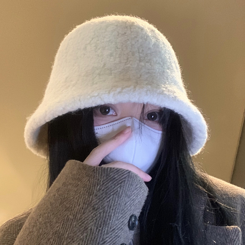 羊羔毛水桶帽女新款日系显脸小渔夫帽纯色时尚韩系百搭盆帽高级感|undefined
