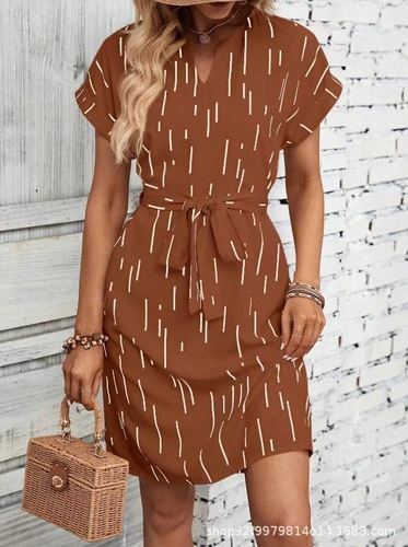 2025 Summer New Arrival European and American Style Cross-Border Elegant Printed V-Neck Batwing-Sleeve Waist-Slimming Dress