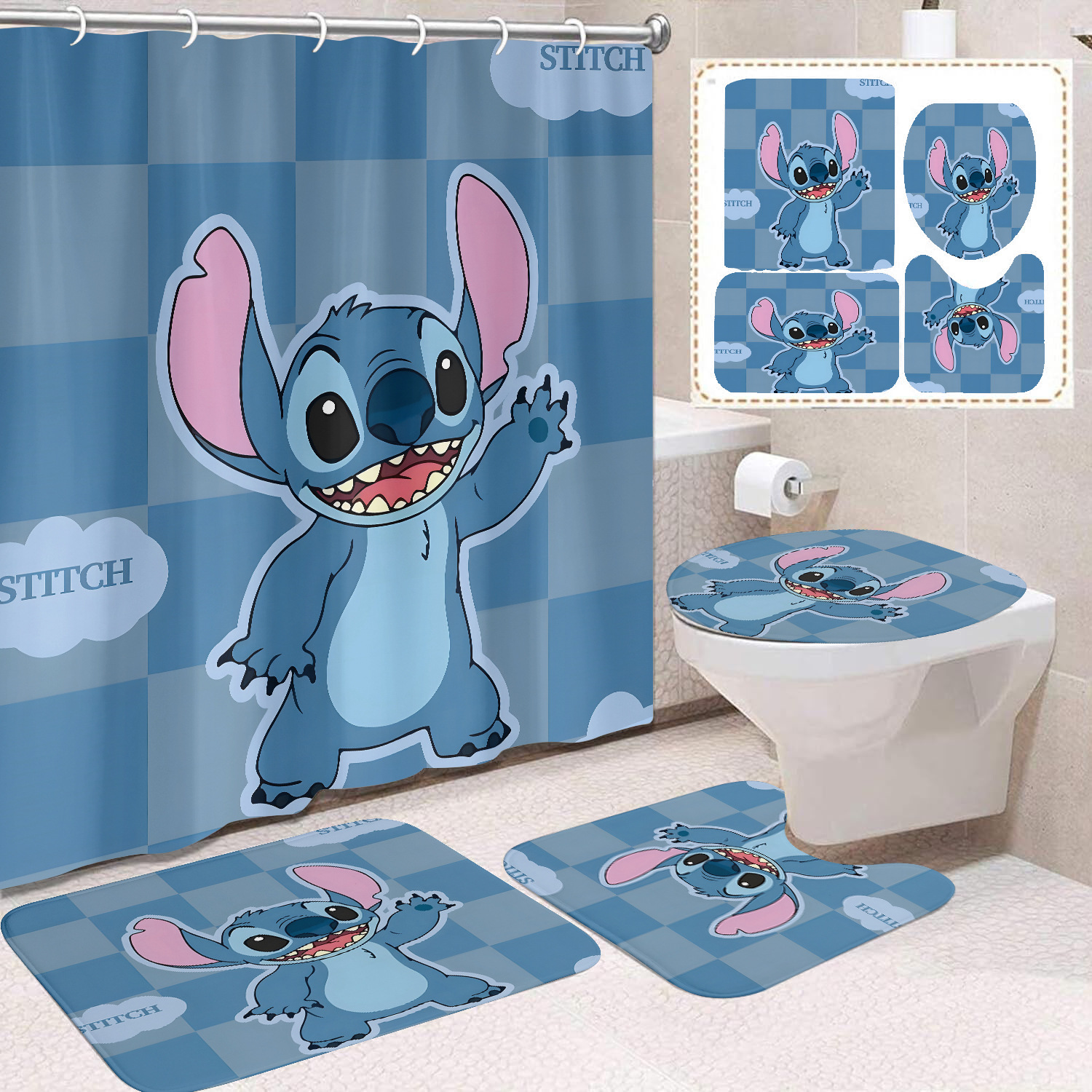 Venta directa de fábrica lindo baño de dibujos animados de cuatro piezas cortina de ducha impermeable cortina de ducha sin perforación cortina de partición de baño de baño