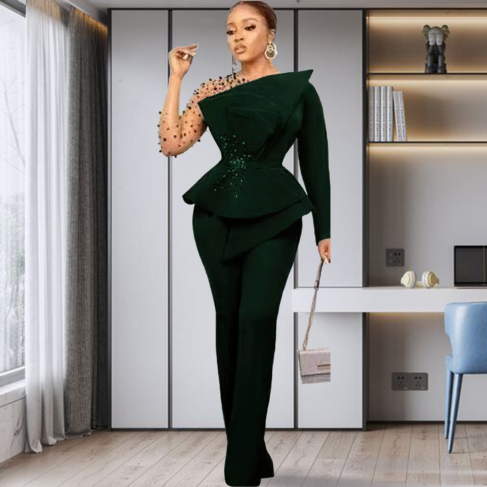 Completo pantalone donna taglie forti con dettagli in mesh e perle_voghion.com