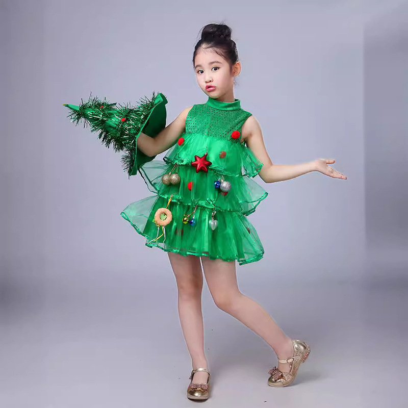クリスマスの子供服の女の子のクリスマスツリーのワンピースの演出服の緑の精霊の幼稚園の演出服の小さい木|undefined