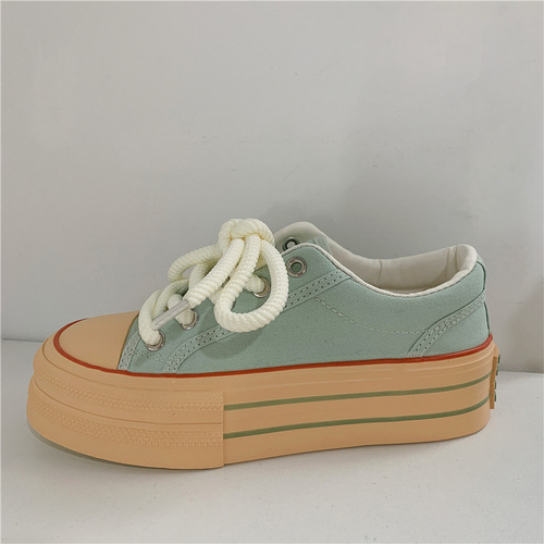 Student thick-soled low-cut mint green canvas shoes for women  Korean version sports and leisure all-match white shoes breathable women's shoes