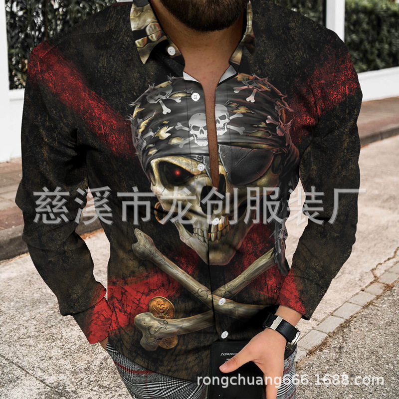 Foreign Trade Men's Travel Leisure 3D Digital Skull Flag Printed Top 2021 Autumn New Long Sleeve Shirt for Men