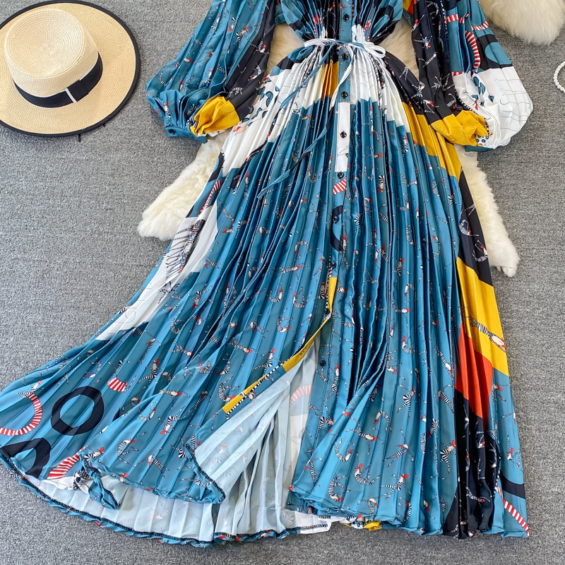 Vêtements pour femmes Automne col rond ample mince à manches longues imprimé satin simple boutonnage robe plissée élégante légère luxe longue jupe_voghion.com