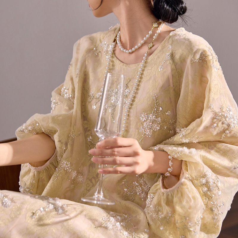 New Chinoiserie National Style High-End Dress for Women Summer Elegant Small Beaded Embroider Long Skirt N2034