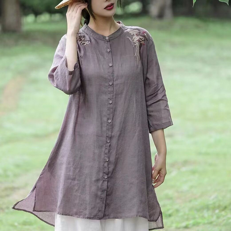 春と夏の女性のための綿とリネンの刺繍シャツ新しいルーズミッドレングスカジュアルシャツ多用途で快適で通気性のある薄いジャケット|undefined