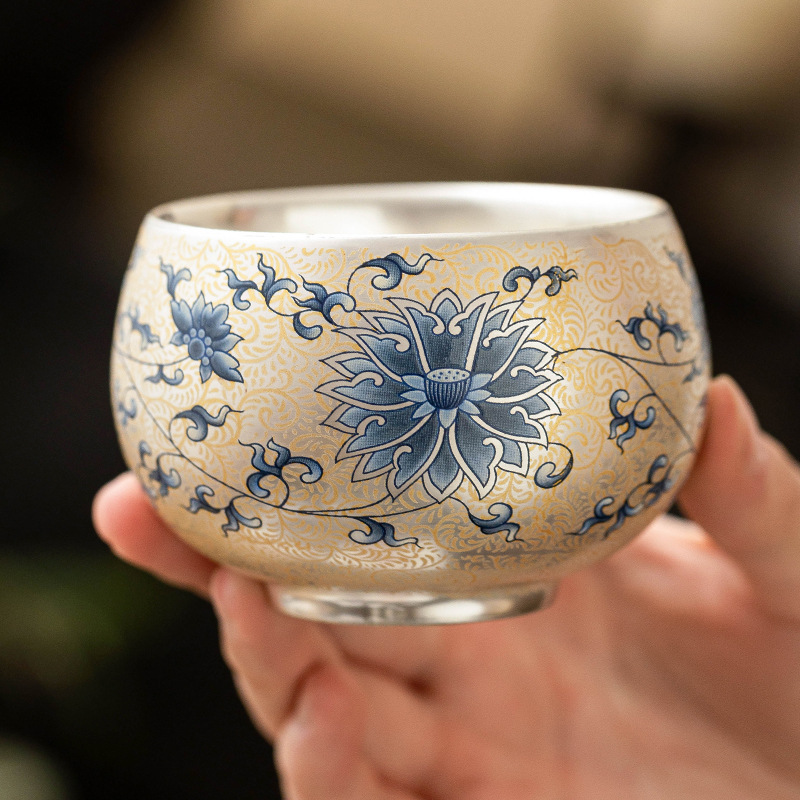 Jihuan 파란색과 흰색 은색 Arhat 컵 세라믹 마스터 컵 쿵푸 차 컵 차 그릇 차 그릇 라이트 럭셔리 차 세트 차 컵