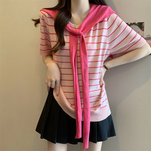 Plus Size Women's Summer Fat mm Stripesd Two-Piece Short-Sleeved T-Shirt Shawl Fat Girl Knitted Top