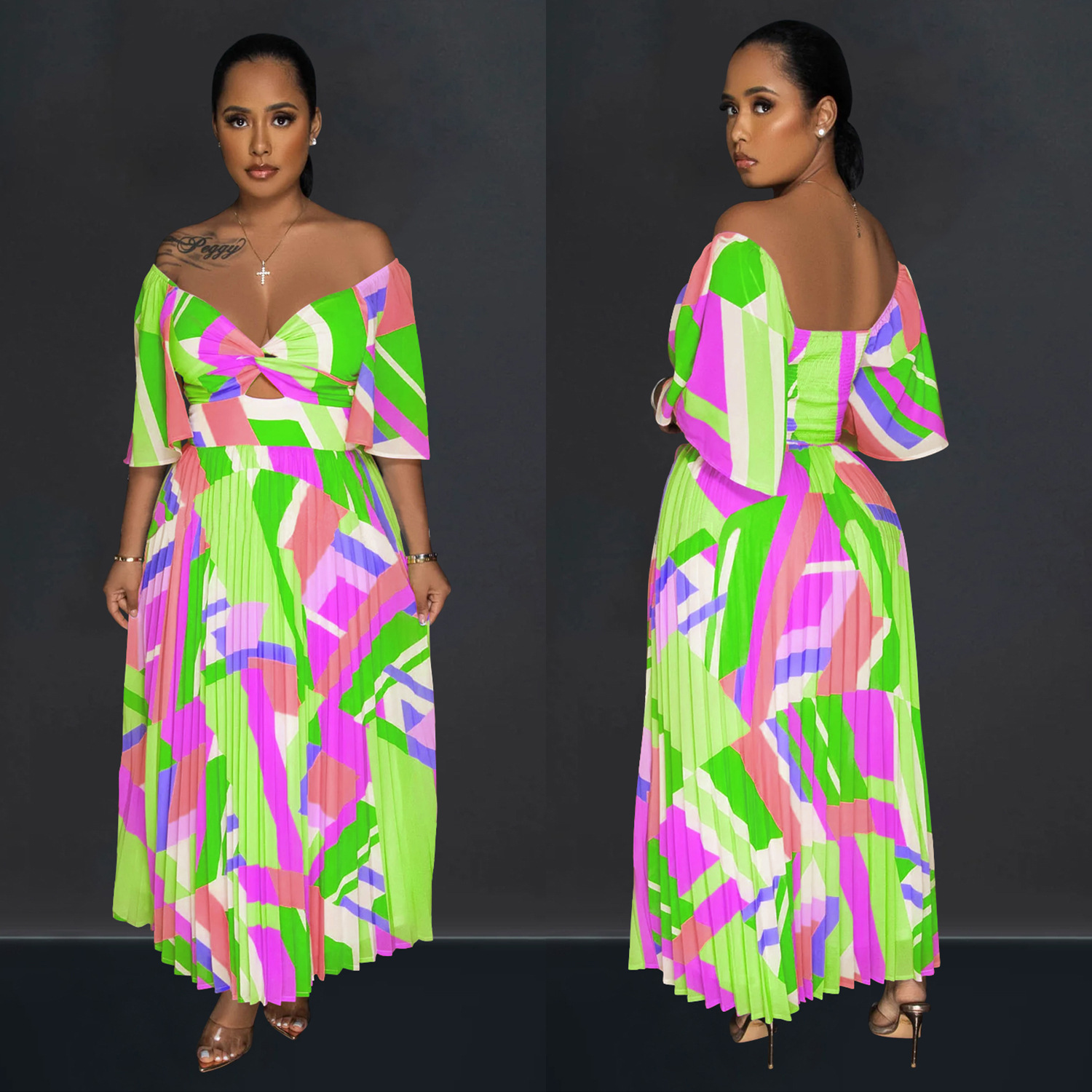 C6879 Cross-border AliExpress Amazon Vestido de falda larga plisada sin espalda con estampado sexy para mujer de moda europea y americana