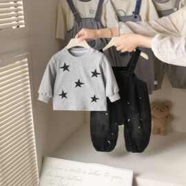 儿童星星印花长袖背带两件套秋季新款宝宝爬服婴幼童韩系简约套装