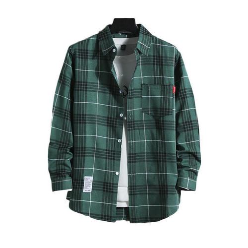 2025 Men's Grid Shirt, Hong Kong Style, Outerwear, Korean Version, Trendy and Versatile, Ethereal Long-Sleeve Shirt