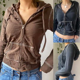 欧美女装上衣连帽卫衣秋冬新款运动休闲开衫拉链休闲短外套SU3079