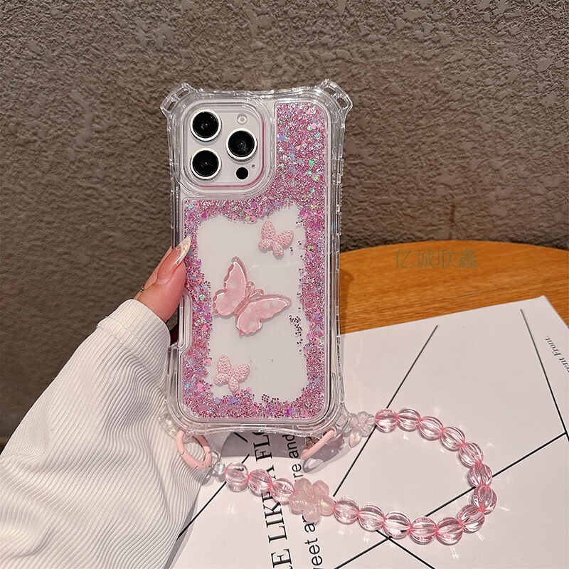 Beautiful Belt-Style Bracelet Case Suitable for Apple 16 Pro Max, Glitter Epoxy Butterfly iPhone 15 Four-Corner Anti-Drop Phone Case