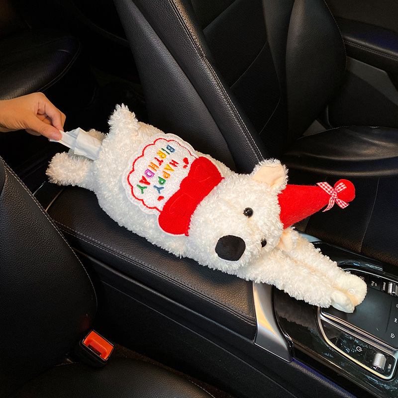 Caja de toallas de automóvil 2024 nuevo coche reposabrazos caja de extracción de papel colgante perro occidental lindo coche muñeca de extracción de papel image 3