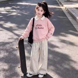 女童新款春秋季可爱兔子刺绣卫衣百搭阔腿裤中大童时尚两件套装潮