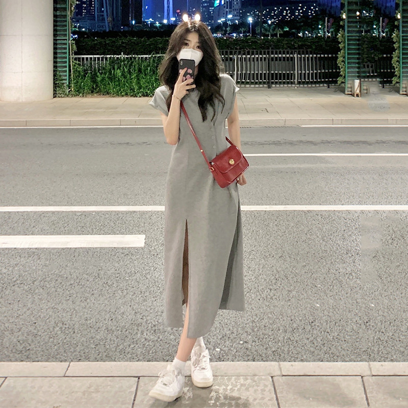Grey Split T-shirt Dress Women's Summer New Design High-end Crewneck Skirt Tight Waist Slim-fit Slimming Long Skirt