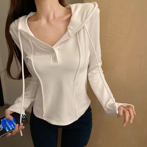 Korean Style Hooded Sweatshirt, American Style, Fitted, Slimming Base Shirt for Women, Spring and Autumn Season, Irregular Inner Long Sleeve T-Shirt