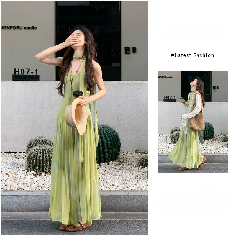 Летнее платье-кардиган для женщин 2025 года, французский дизайн, градиентный зеленый цвет, на бретелях, длинная юбка, защита от солнца.