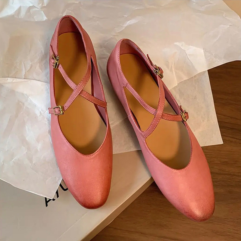 Cowhide 크로스 스트랩 Mary Jane Shoes 여성용 로우 탑 레트로 싱글 레이어 신발 라운드 발가락 핑크 플랫 힐 여성 로우 탑 정품 가죽 싱글 레이어 신발