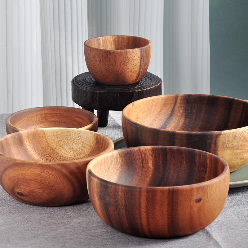 Acacia wooden bowl log dish whole solid wood plate tableware salad bowl wooden ware fruit dish dried fruit grains shallow mouth Bowl
