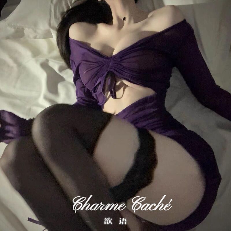 Purple-Flavored Night* See-Through Erotic Lingerie Hollow-Out Sexy Uniform Mesh Set Nightgown for Women Purple-Flavored Night* See-Through Erotic Lingerie Hollow-Out Sexy Uniform Mesh Set Nightgown for Women