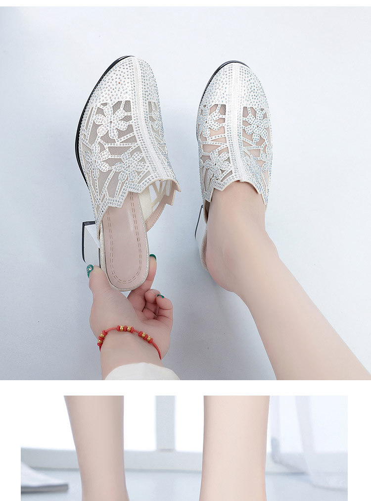 Giày cao gót da thật nữ mũi tròn bít, đế thấp thoải mái, có lỗ lưới đính đá Rhinestone — Màu be chi tiết 12