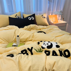 ins純色卡通水洗棉四件套純棉毛巾刺繡熊貓床笠款小清新床單被套