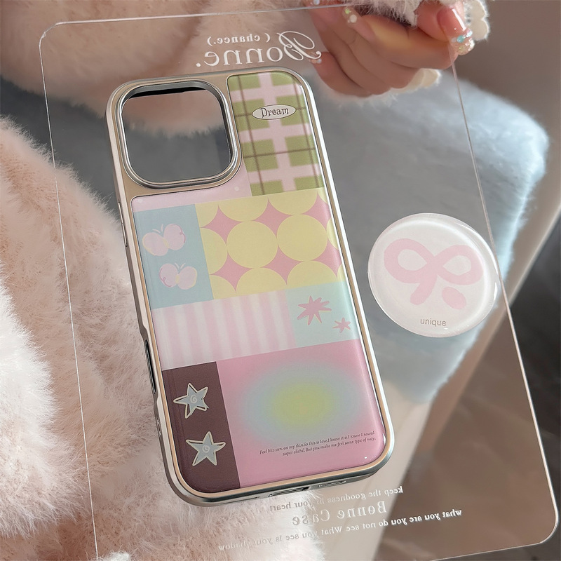 Korean Style Patchwork Suitable for iPhone 16, 15 Pro Max Phone Case, iPhone 14 Resin Bow Stand Korean Style Patchwork Suitable for iPhone 16, 15 Pro Max Phone Case, iPhone 14 Resin Bow Stand