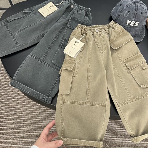 2024 Spring American Style Children's Multi-Pocket Distressed Work Pants for Boys and Girls Retro Straight Leg Skate Pants Trendy