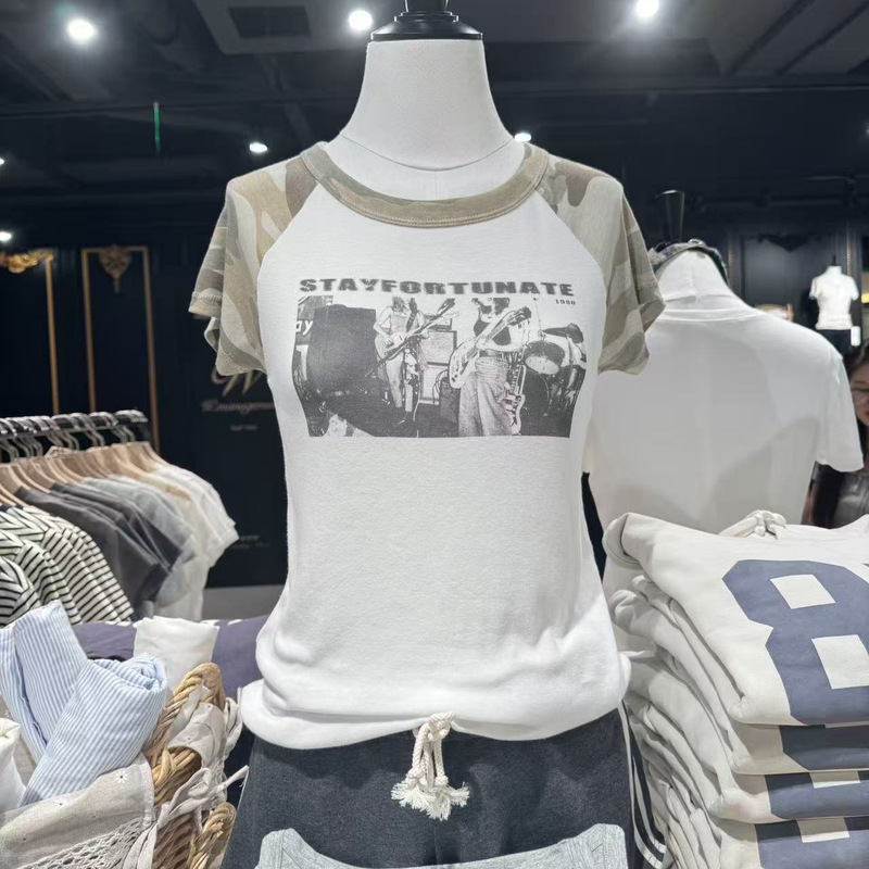 Bm Style New American Retro Round Neck Rock Band Print Raglan Short-Sleeved T-Shirt Bm Women's Casual Versatile Top Bm Style New American Retro Round Neck Rock Band Print Raglan Short-Sleeved T-Shirt Bm Women's Casual Versatile Top