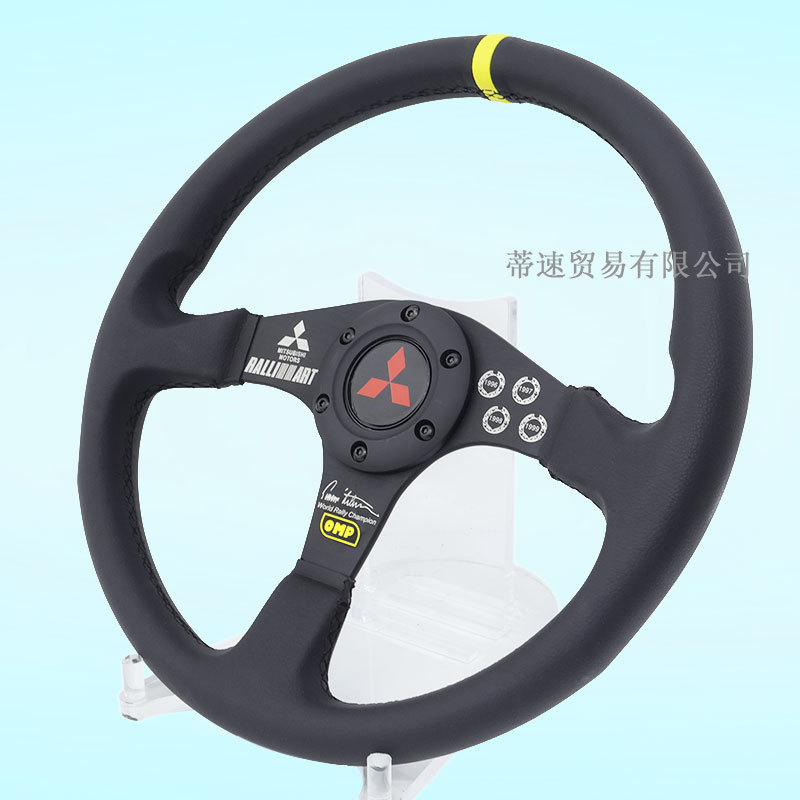 Cross-Border Hot-Selling Product: Universal Car Modification 14inch Omp Genuine Leather Steering Wheel, Jdm Racing Competitive Steering Wheel Flat Model