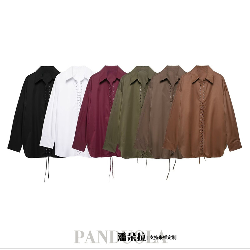 Cross-Border European and American Clothing 2025 Spring New Fashion Casual Simple Versatile Front Lace-Up Shirt