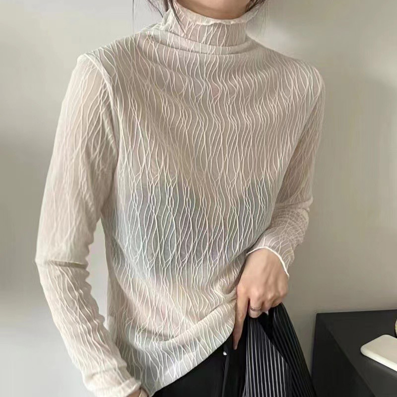 Elegant Half-High Collar Lace Mesh T-Shirt for Women, 2026 Autumn and Winter New Stylish Fashion Base Layer Top