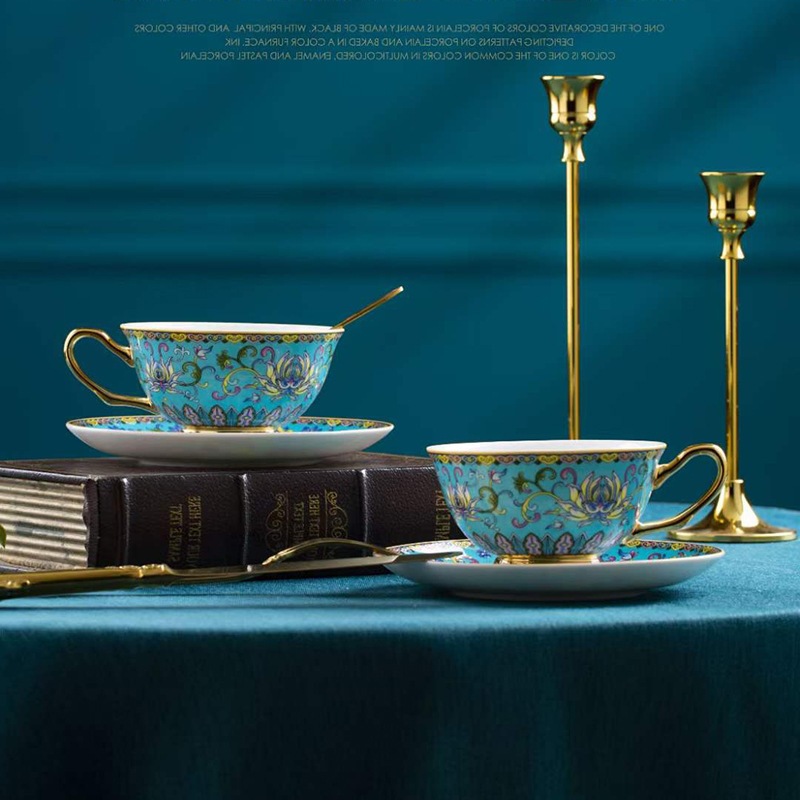 Coffee set suit Jingdezhen gold English afternoon tea coffee cup pot Chinese blue enamel color cup and saucer suit