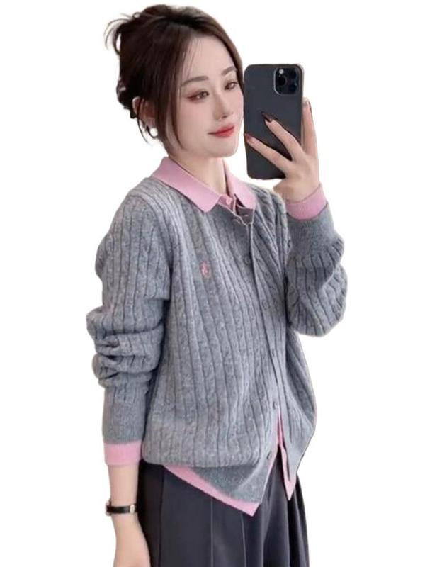 欧货翻领拼接针织毛衣女秋2025新款宽松软糯假两件长袖开衫上衣|undefined