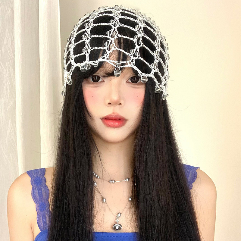 夏季薄款透气手工编织串珠镂空包头帽女小众设计感百搭针织套头帽|undefined