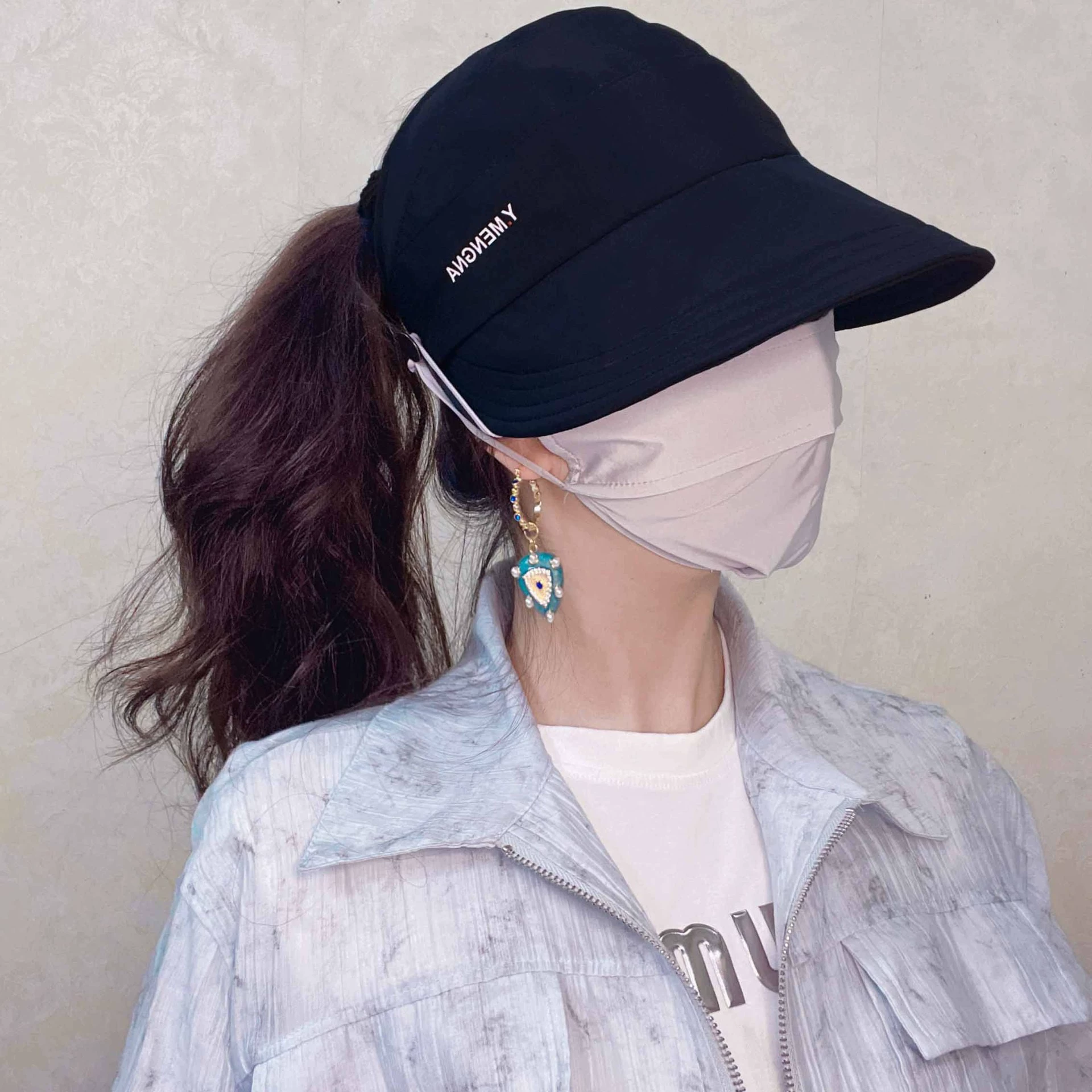Sun hat ponytail cap, quick‑dry thin summer sun hat with ponytail opening and mask hook, adjustable