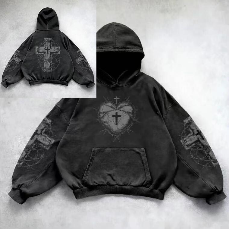 New 2026 Model Sweatshirt with Cross Wings Angel Print, Hooded, Made of Looped Cotton, Washed and Vintage-Style Top