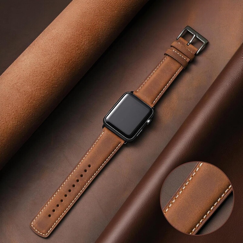New thickened crazy horse leather strap suitable for iWatch10/Ultra, wear-resistant vintage genuine leather watch replacement strap