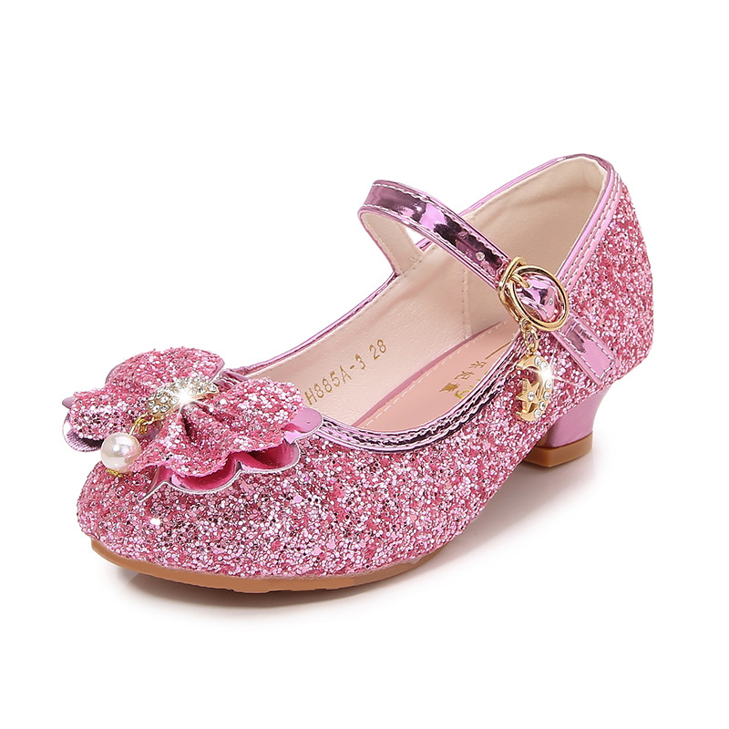 Zapatos de tacón alto para niñas primavera nuevos zapatos de princesa para niños zapatos de cristal plateado inferior suave del todo fósforo zapatos de cuero de rendimiento de niña