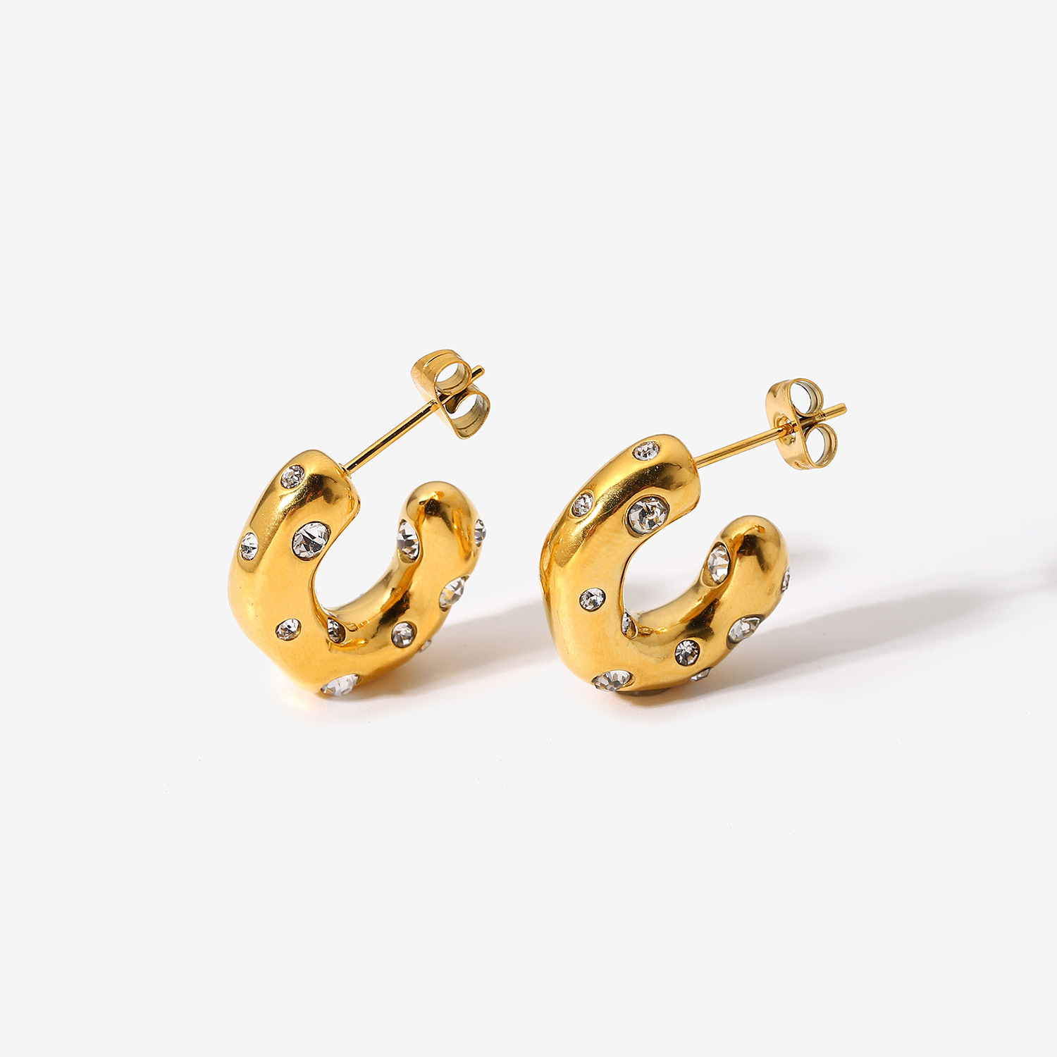 Special-shaped Hammer Pattern Inlaid Zirconium C-shaped Earrings 18k Gold-plated Stainless Steel Earrings display picture 5