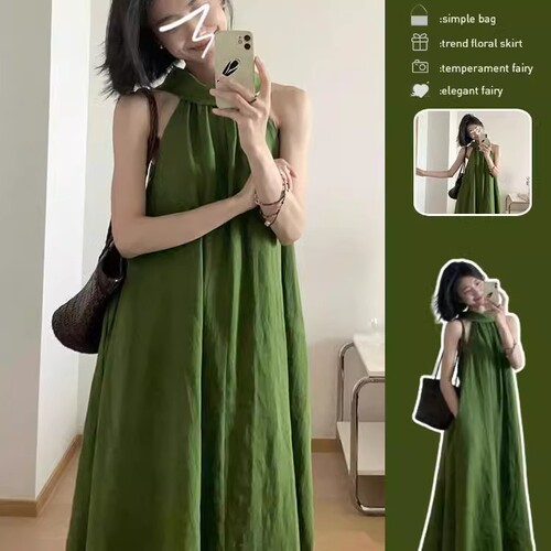 French high-end green hanging neck dress, children's summer 2025 new seaside vacation temperament long dress