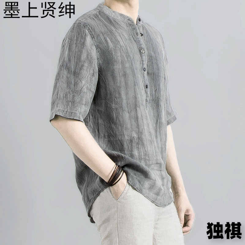 Vintage Distressed Pleated Linen Half-Sleeve Shirt for Men, Summer Loose-Fitting Chinese-Style V-Neck Pullover Casual Shirt