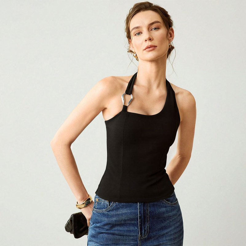 European and American Foreign Trade New Style Yoga Sports Vest for Women, Quick-Dry Training Dance Top with Metal Buckle Decoration, Halter Neck Slim Fit Top