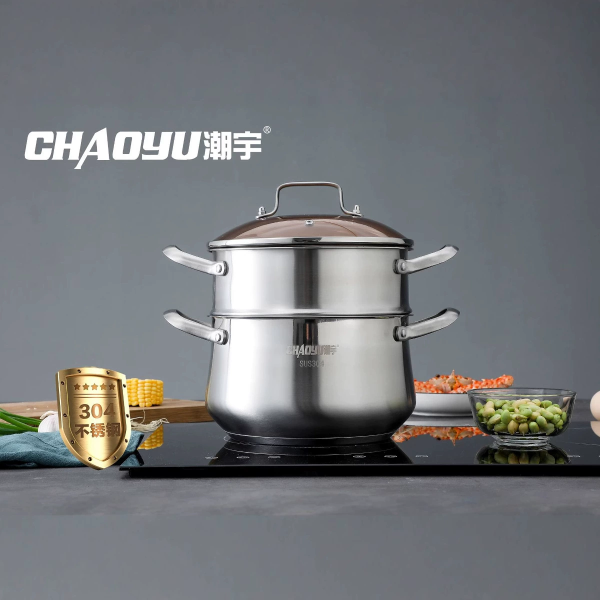 Двухслойная кастрюля для супа из нержавеющей стали 304 Chaoyu, композитное дно, пароварка разного размера 20–26 см