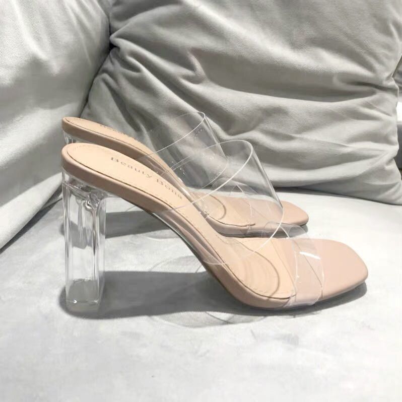 New Summer Transparent Sandals Women's Middle Heel Chunky Heel Crystal High Heels Fairy Style Sandals with Slippers