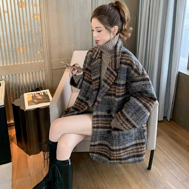 Клетчатое шерстяное пальто женская осень-зима 2024 новая корейская версия свободного маленького человека Хепберн стиль тонкое пальто топ