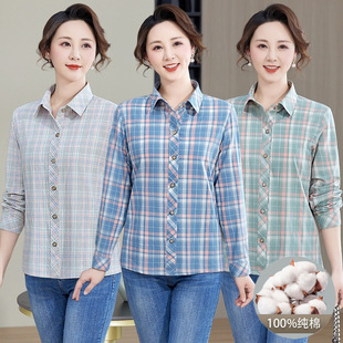 Mother's Summer Shirt Long-sleeved New Cotton Plaid Top Middle-aged and Elderly Women's Spring and Summer Thin Cotton Shirt